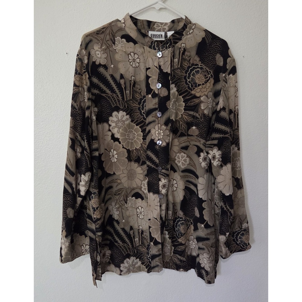Chicos By Design Womens Size 3 XL Brown Floral Blouse Top Tunic Button Silk